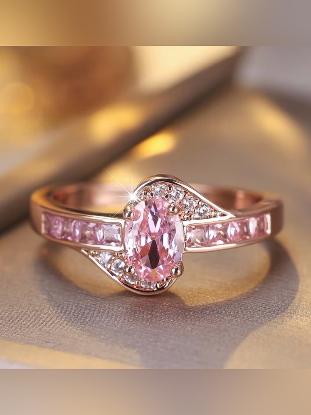 Rose Gold Pink Oval CZ Ring.